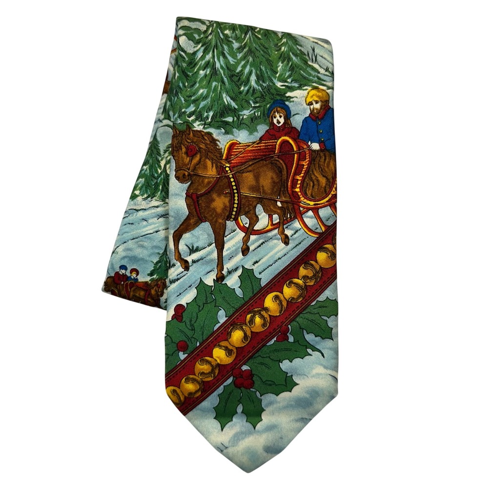 Lands End Silk Necktie Mens One Size Blue Green Holiday‎ Winter Sleigh Christmas